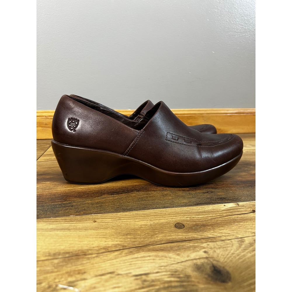 Ariat Brown Leather Wedge Clogs Slip On Professional Work Shoes Womens 9B